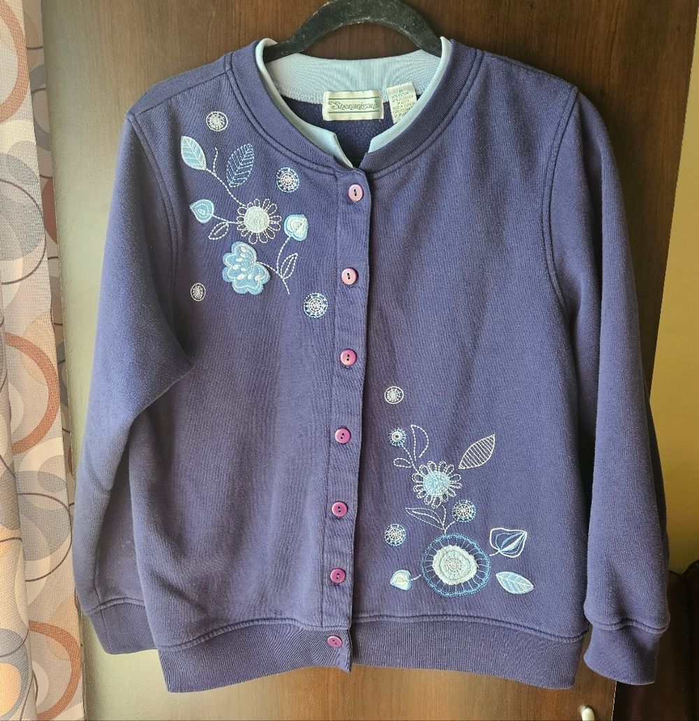 Shenanigans Dark Blue Button Down Floral Embroidered Cardigan Size Medium